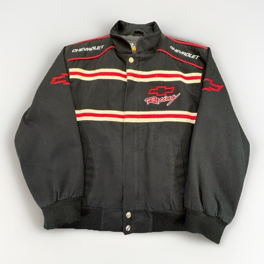 Vintage 90s Chevrolet Racing NASCAR Bomber Jacket Child 8/10 Black Essex Chevy - Picture 1 of 10